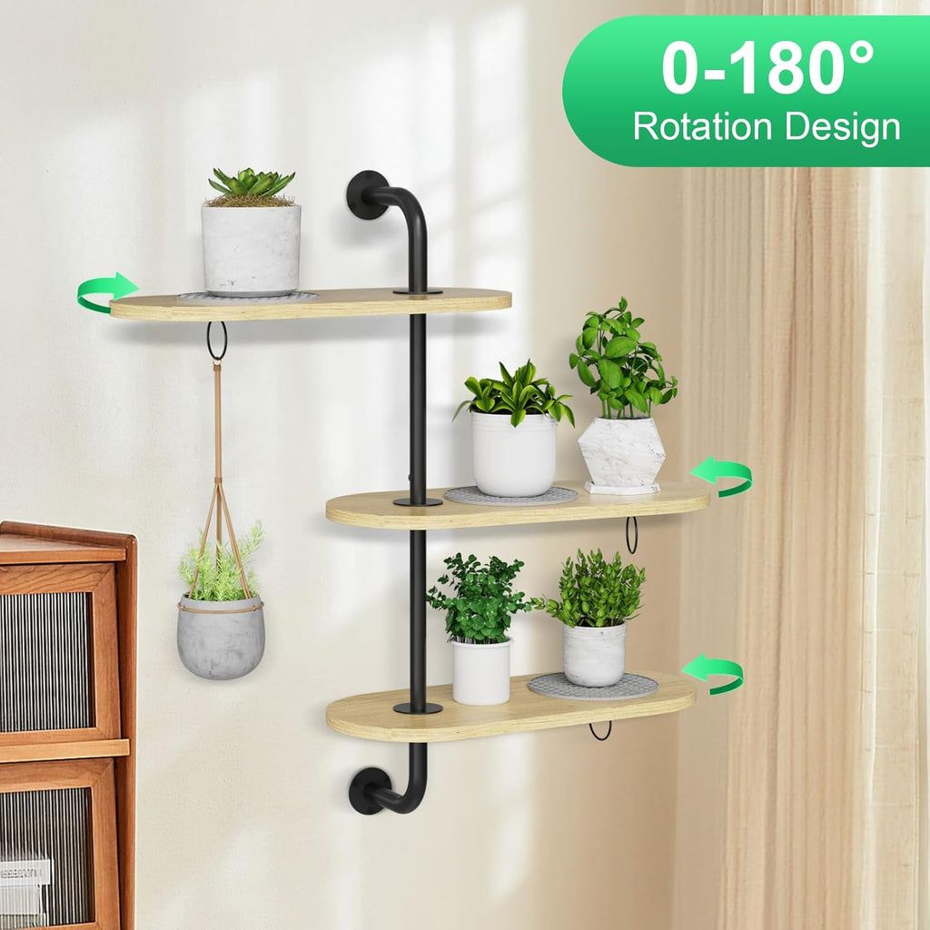 Rotating Window Plant Shelves with 3 Anti-slip Mats, 3 Tier Plant Stand Indoor Outdoor, Wooden Window Plant Shelf with 3 Circle Hook, Hanging Plant Holder for Window, Potted Plants, Flowerpots (Oak