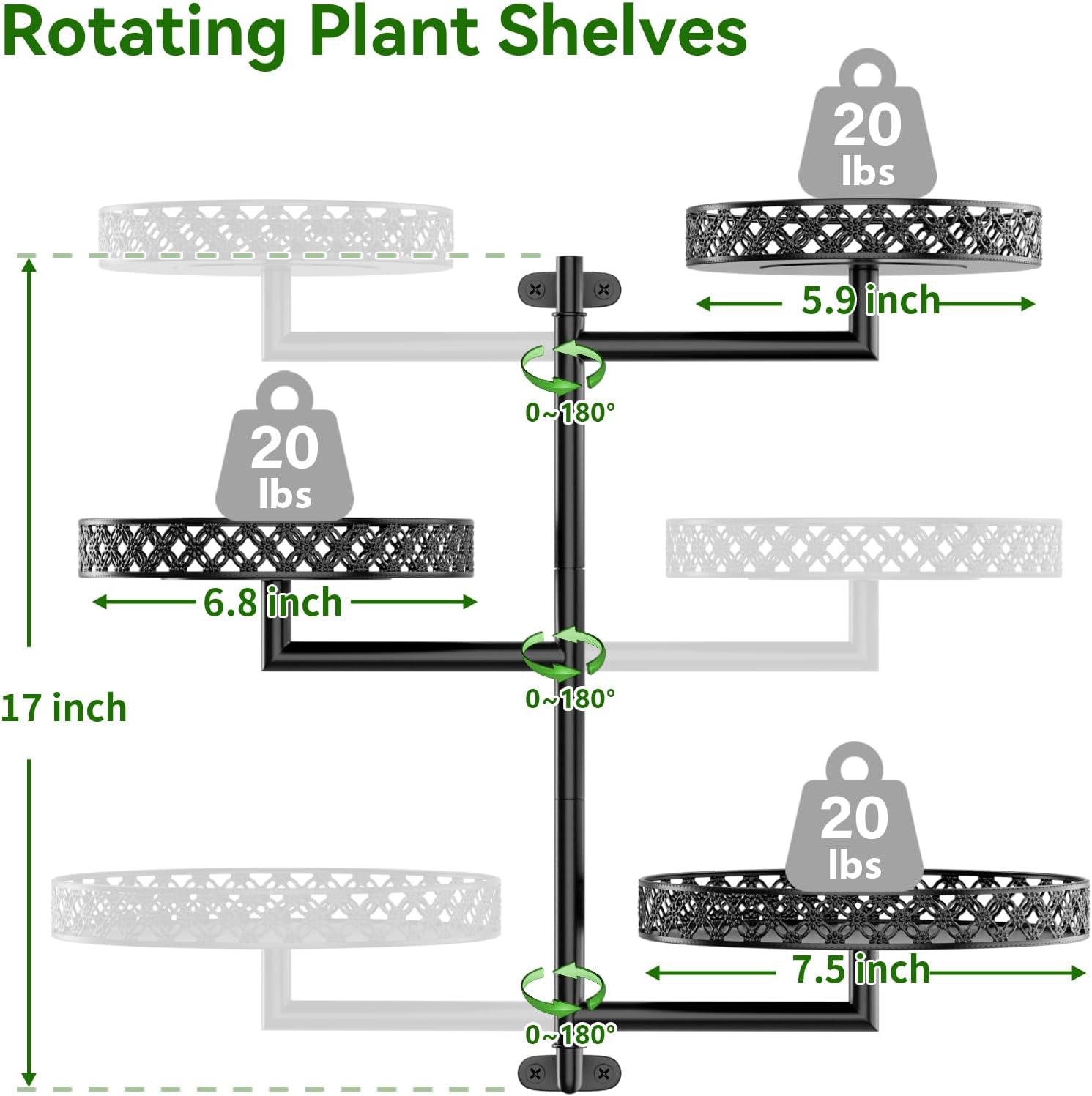 OVICAR Rotating Window Plant Shelves - Indoor Wall Plant Stand 3-Tier Floral Metal Window Shelf Holder for Multiple Plants with Hanging Hooks Home Decor Black