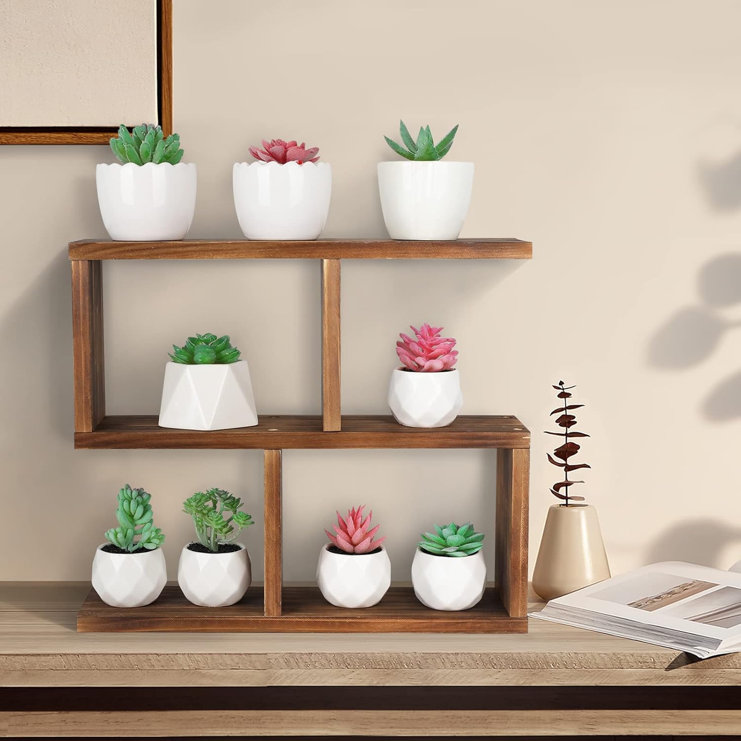 Jotsport Window Sill Plant Stand Small Wood Plant Shelf for Succulents 3 Tier Tabletop Desktop Plant Dislay Rack