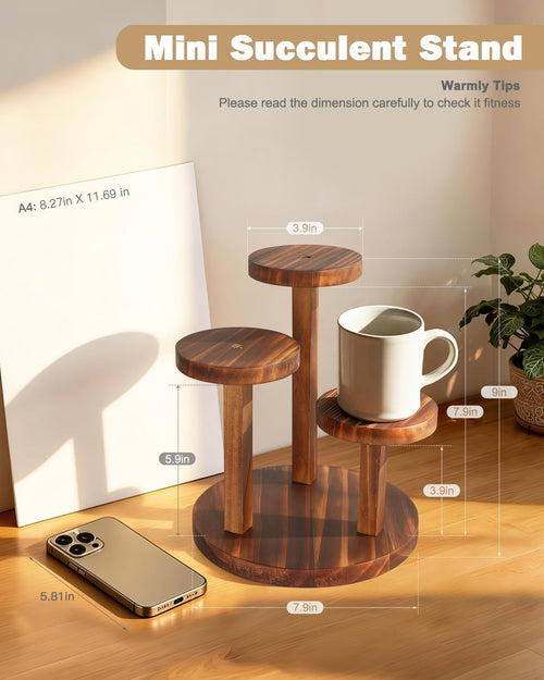 3 Tier Table Top Plant Stand Wooden Round,Small Window Sill Plant Shelf Indoor,Mini Desk Flower Succulent Stand Holder Rack,Little Display Stand for Desktop,Windowsill,Countertop,Kitchen,Oil Painting