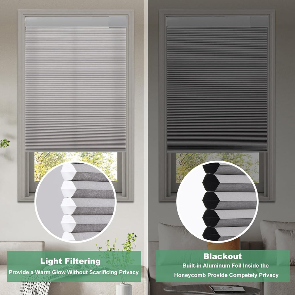 Tonature No Drill Cellular Shades for Indoor Windows, Thermal Insulating & Noise Reducing Honeycomb Blinds, Free Stop Cordless Blackout Shades, Grey, 22" W x 64" H