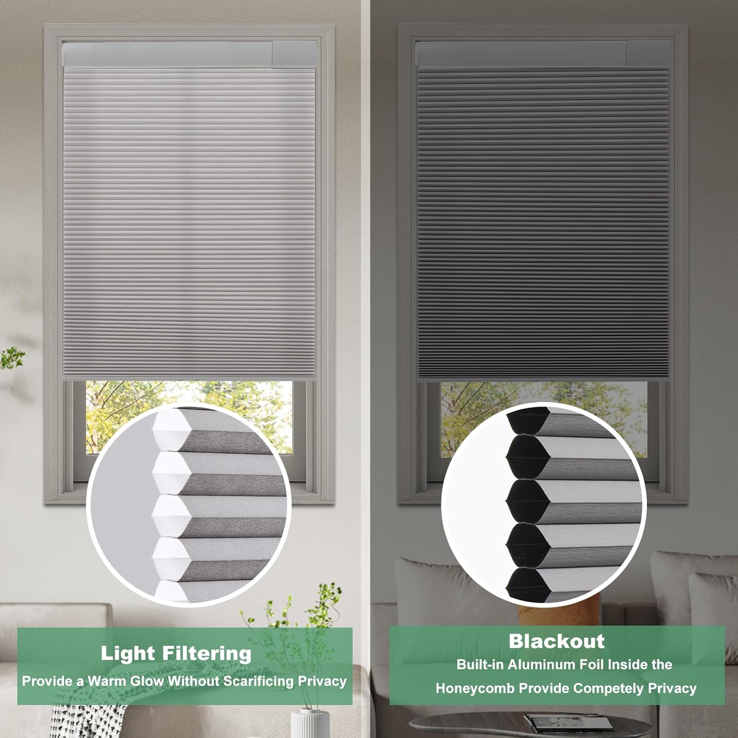 Tonature No Drill Cellular Shades for Indoor Windows, Thermal Insulating & Noise Reducing Honeycomb Blinds, Free Stop Cordless Blackout Shades, Grey, 22" W x 64" H