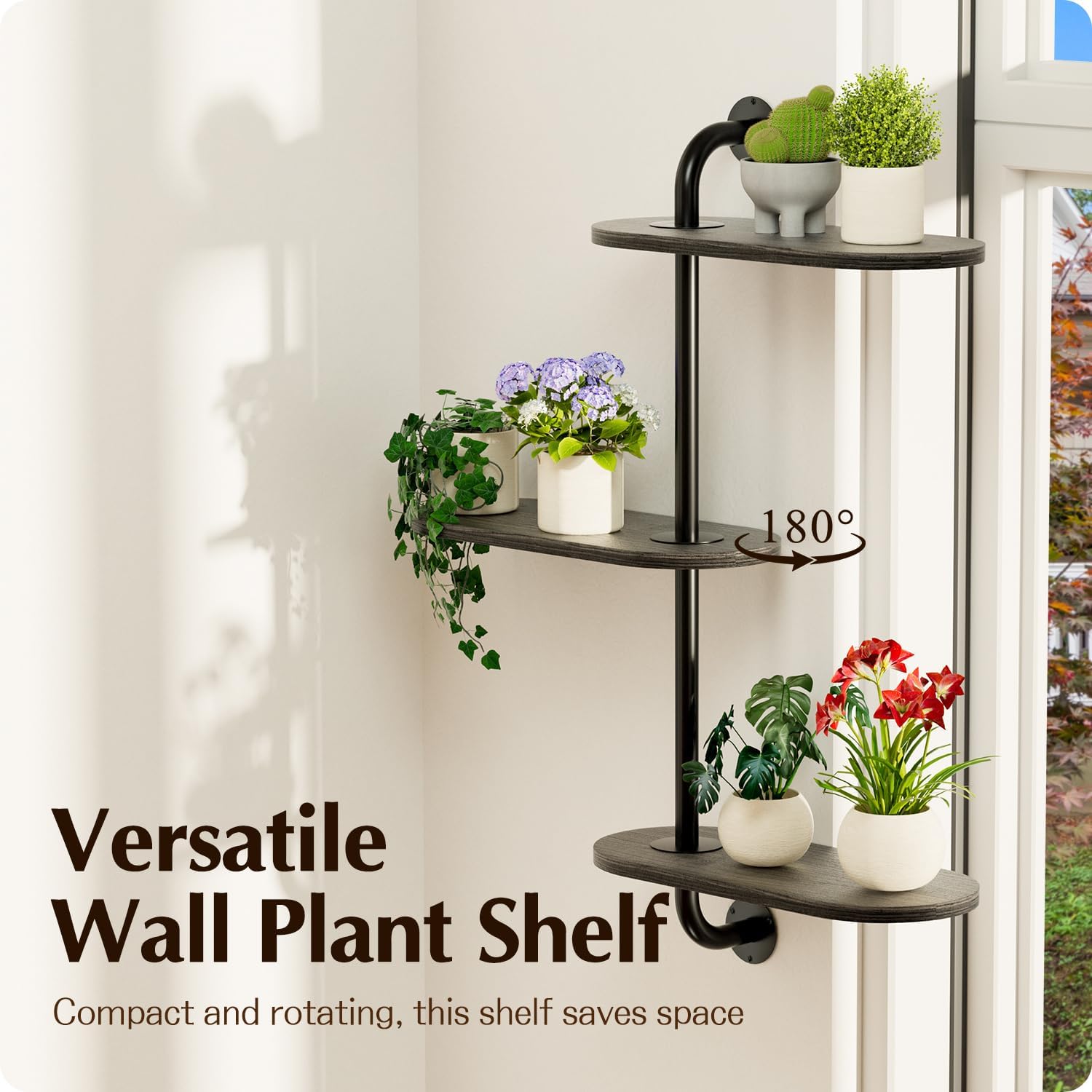 Rotating Window Plant Shelves 3-Tier Pipe Shelves, Wooden Indoor Window Sill Plant Shelf, Window Plant Shelf for Small Spaces, Flower Pots, Organizer, Storage Wall Decor, Window Plant Holder