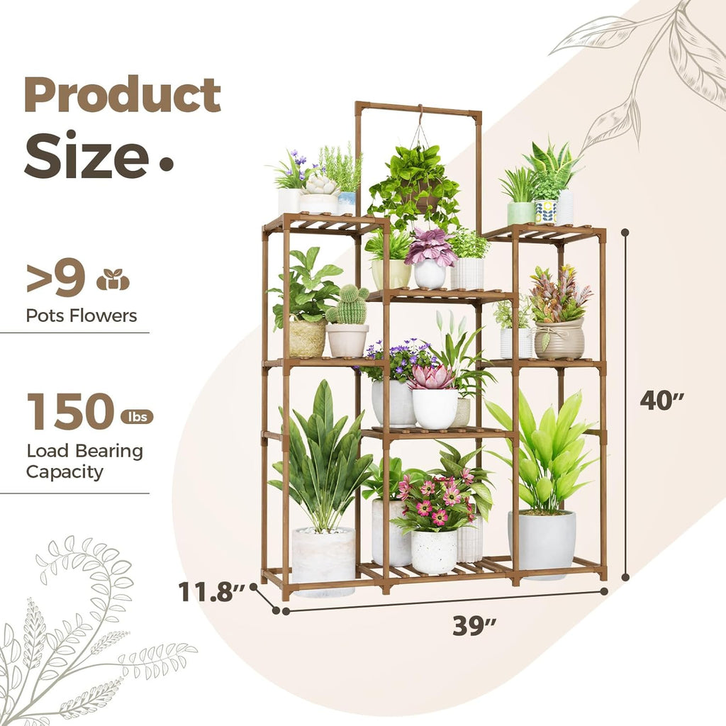 Bamworld Plant Shelf Indoor Outdoor Large Plant Shelf Tall Hanging Plant Holder Wood Flower Stand for Window Living Room Garden Balcony Home Decor Flower Patio 3 Tiers