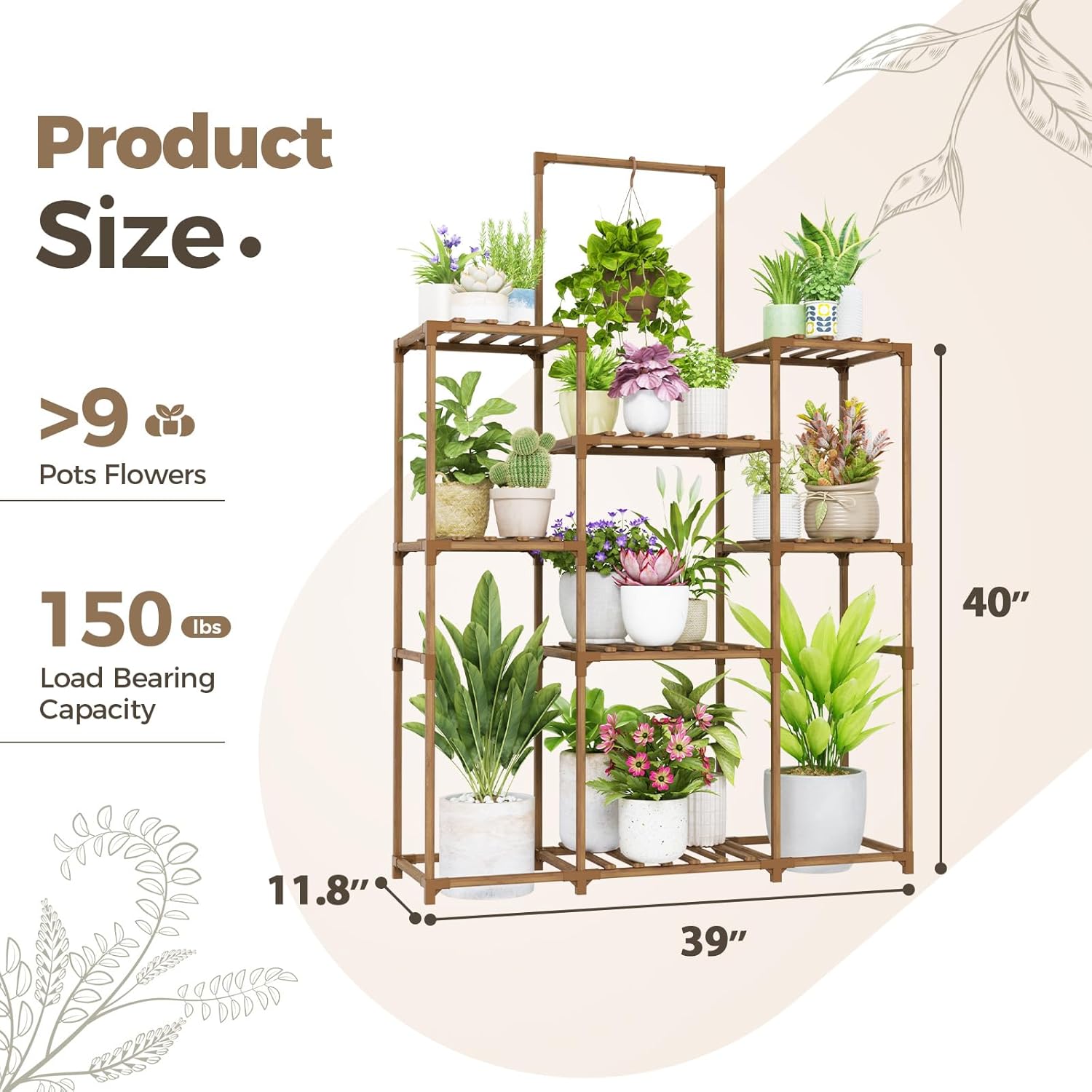 Bamworld Plant Shelf Indoor Outdoor Large Plant Shelf Tall Hanging Plant Holder Wood Flower Stand for Window Living Room Garden Balcony Home Decor Flower Patio 3 Tiers