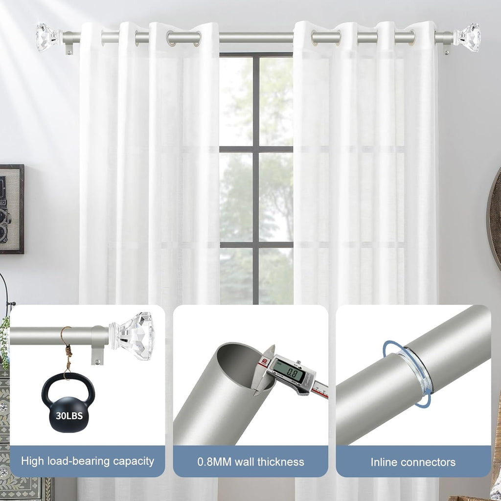 TVWOO Silver Curtain Rods 48 to 84 Inch,3/4 Inch Adjustable Curtain Rod Set,Modern Single Window Curtains Rods,Heavy Duty Curtain Rods,Acrylic Finials Decorative Drapery Rods 36-88”,Antique Silver