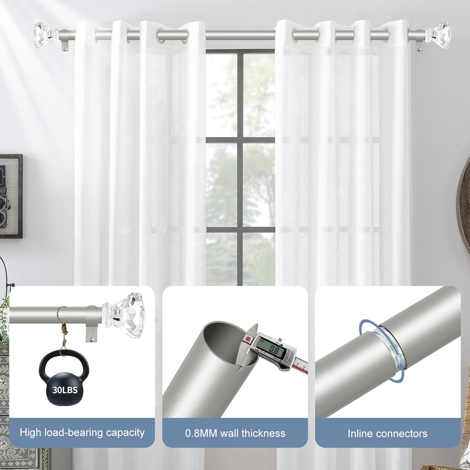 TVWOO Silver Curtain Rods 48 to 84 Inch,3/4 Inch Adjustable Curtain Rod Set,Modern Single Window Curtains Rods,Heavy Duty Curtain Rods,Acrylic Finials Decorative Drapery Rods 36-88”,Antique Silver