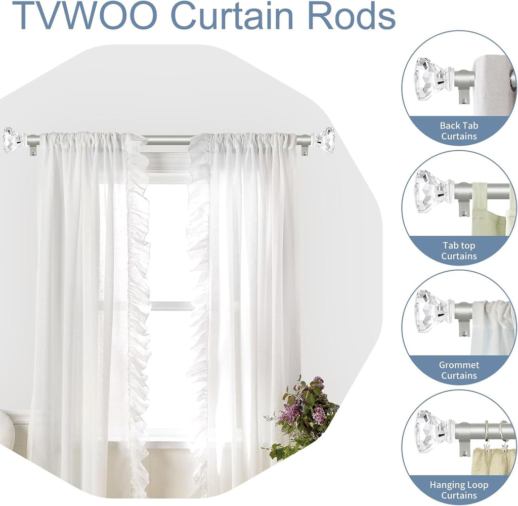 TVWOO Silver Curtain Rods 48 to 84 Inch,3/4 Inch Adjustable Curtain Rod Set,Modern Single Window Curtains Rods,Heavy Duty Curtain Rods,Acrylic Finials Decorative Drapery Rods 36-88”,Antique Silver