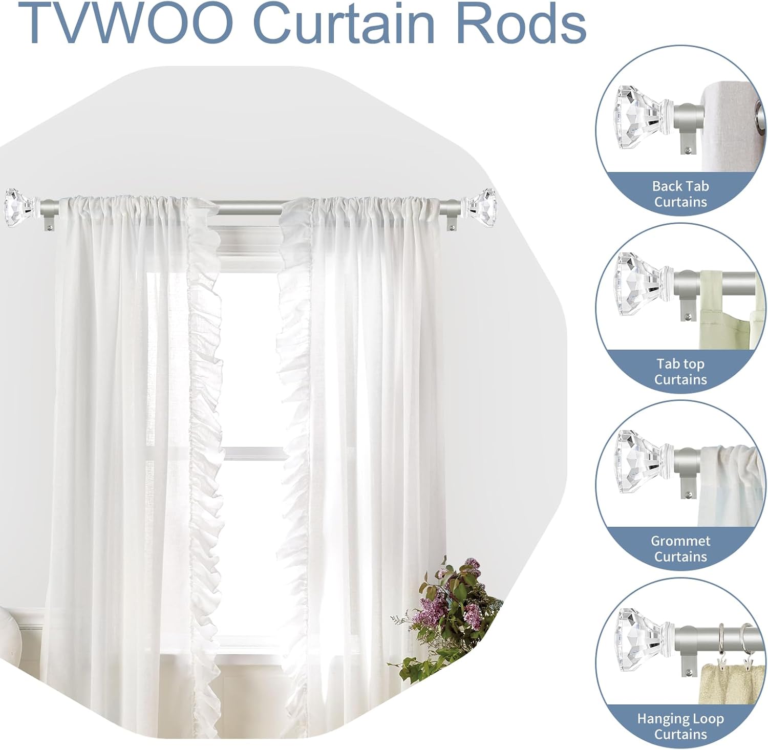 TVWOO Silver Curtain Rods 48 to 84 Inch,3/4 Inch Adjustable Curtain Rod Set,Modern Single Window Curtains Rods,Heavy Duty Curtain Rods,Acrylic Finials Decorative Drapery Rods 36-88”,Antique Silver