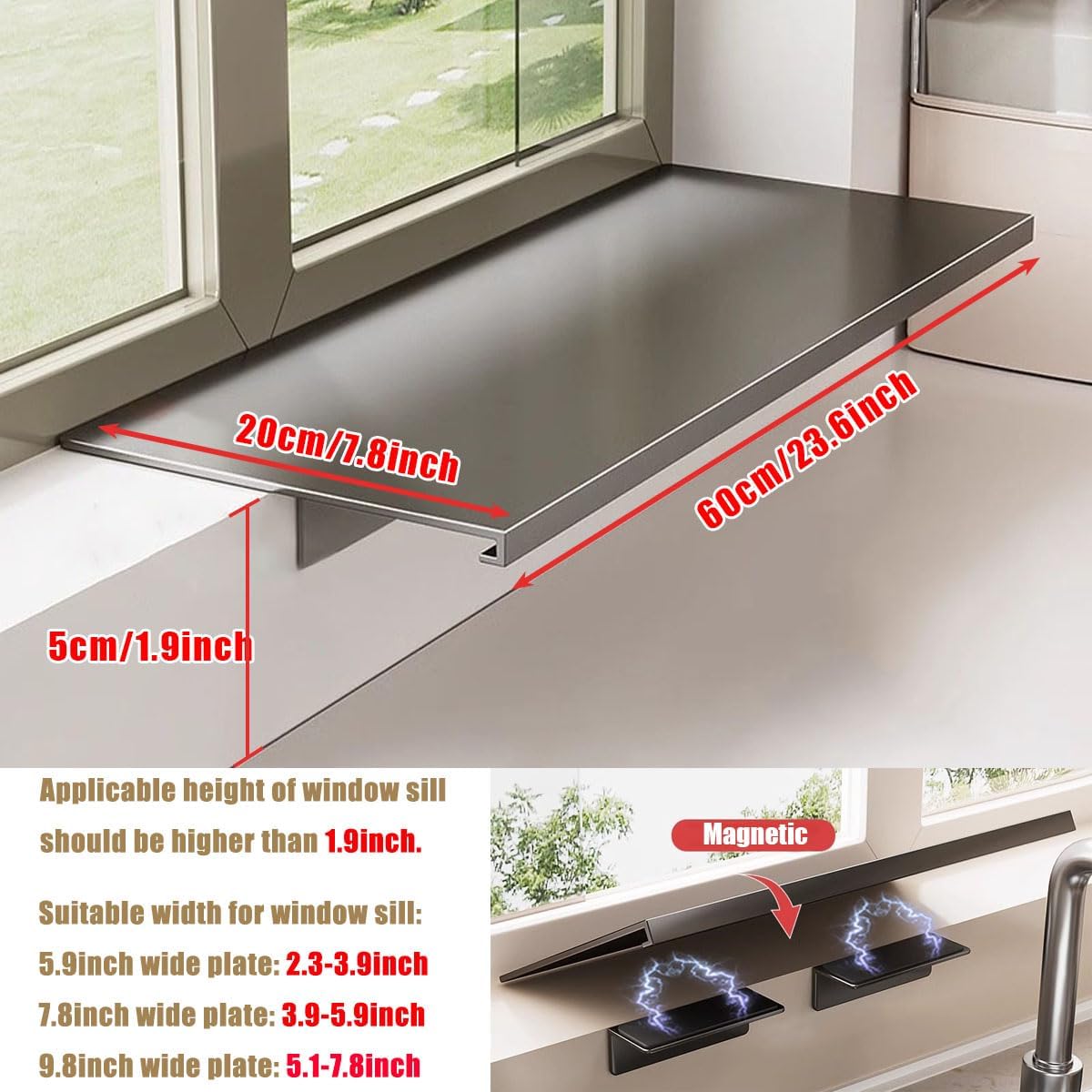 Window Sill Extender Plate, 23.6inch Carbon Steel Storage Shelf, Heavy Duty Countertop Extension Board with Magnetic Base for Kitchen Organization Storage (60x20cm/23.6x7.8in)