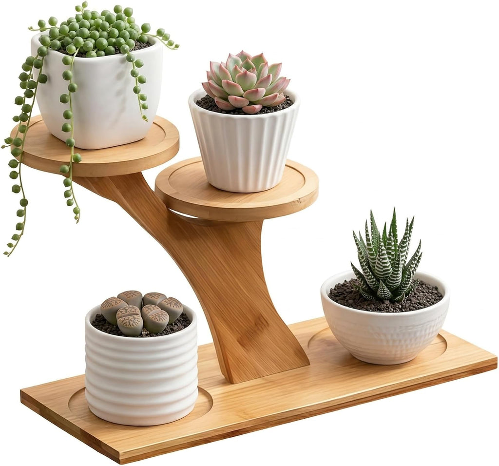 Small Bamboo Plant Stand - 3 Tier Window Plant Shelf for Indoor Plants | Wooden Flower Stand & Tabletop Plant Holder for Windowsills