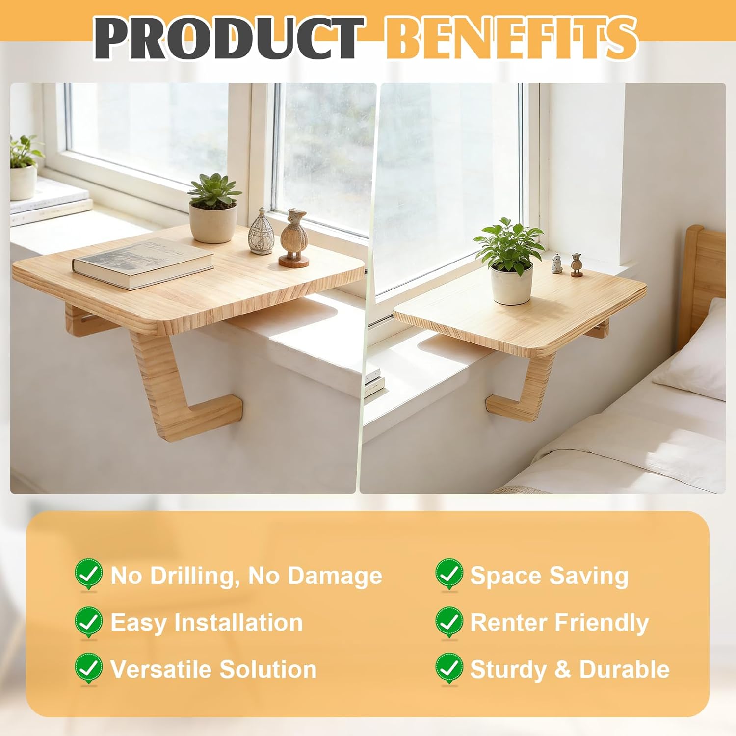 Wooden Windowsill Plant Stand, 30 x 30 cm, Floating Shelf for Plants, Hanging Shelf, Shelf, Window Sill Extension Shelf, Suitable for Small Potted Plants or Light Items