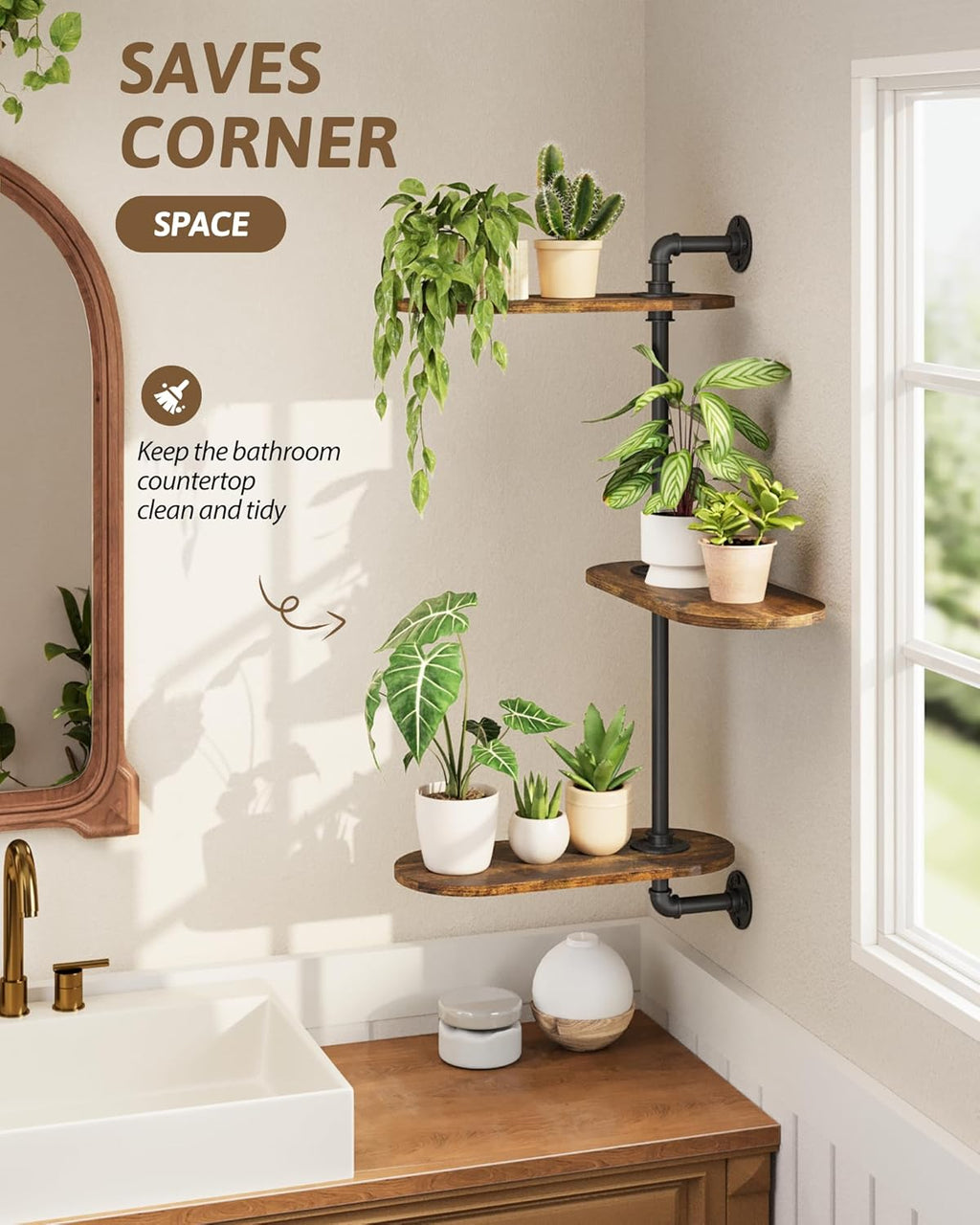 Gentingbro Window Plant Shelves 3-Tier Rotating Plant Stand Industrial Rustic Window Plant Shelf Wood Wall Mount Decorative Hanging Plant Stand Enhanced Indoor Plants Light Exposure Gift Idea for