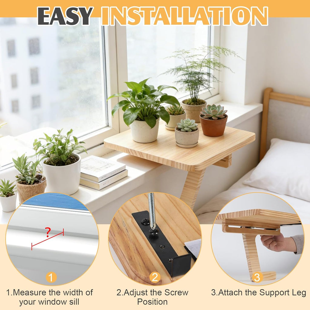 Wooden Windowsill Plant Stand, 30 x 30 cm, Floating Shelf for Plants, Hanging Shelf, Shelf, Window Sill Extension Shelf, Suitable for Small Potted Plants or Light Items