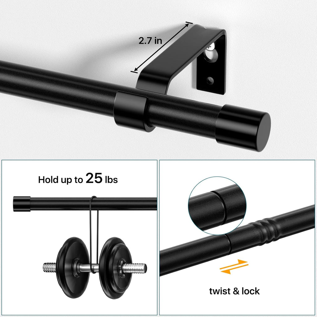 Black Curtain Rods Set of 2, Adjustable 28-48 inch Curtain Rod Set for Windows, 5/8" Diameter Metal Drapery Rod for Bedroom, Kitchen, Heavy Duty Curtain Rods 2 Pack