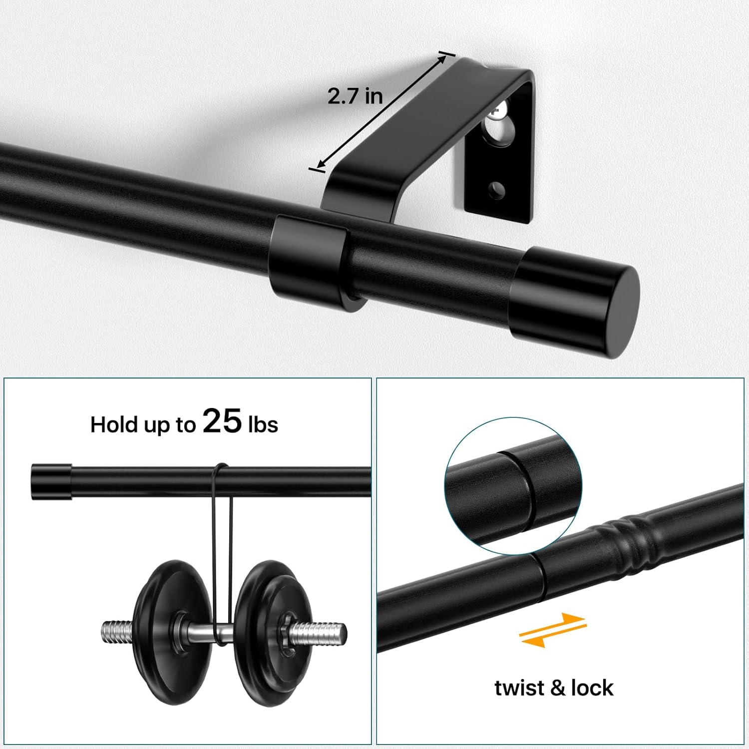 Black Curtain Rods Set of 2, Adjustable 28-48 inch Curtain Rod Set for Windows, 5/8" Diameter Metal Drapery Rod for Bedroom, Kitchen, Heavy Duty Curtain Rods 2 Pack