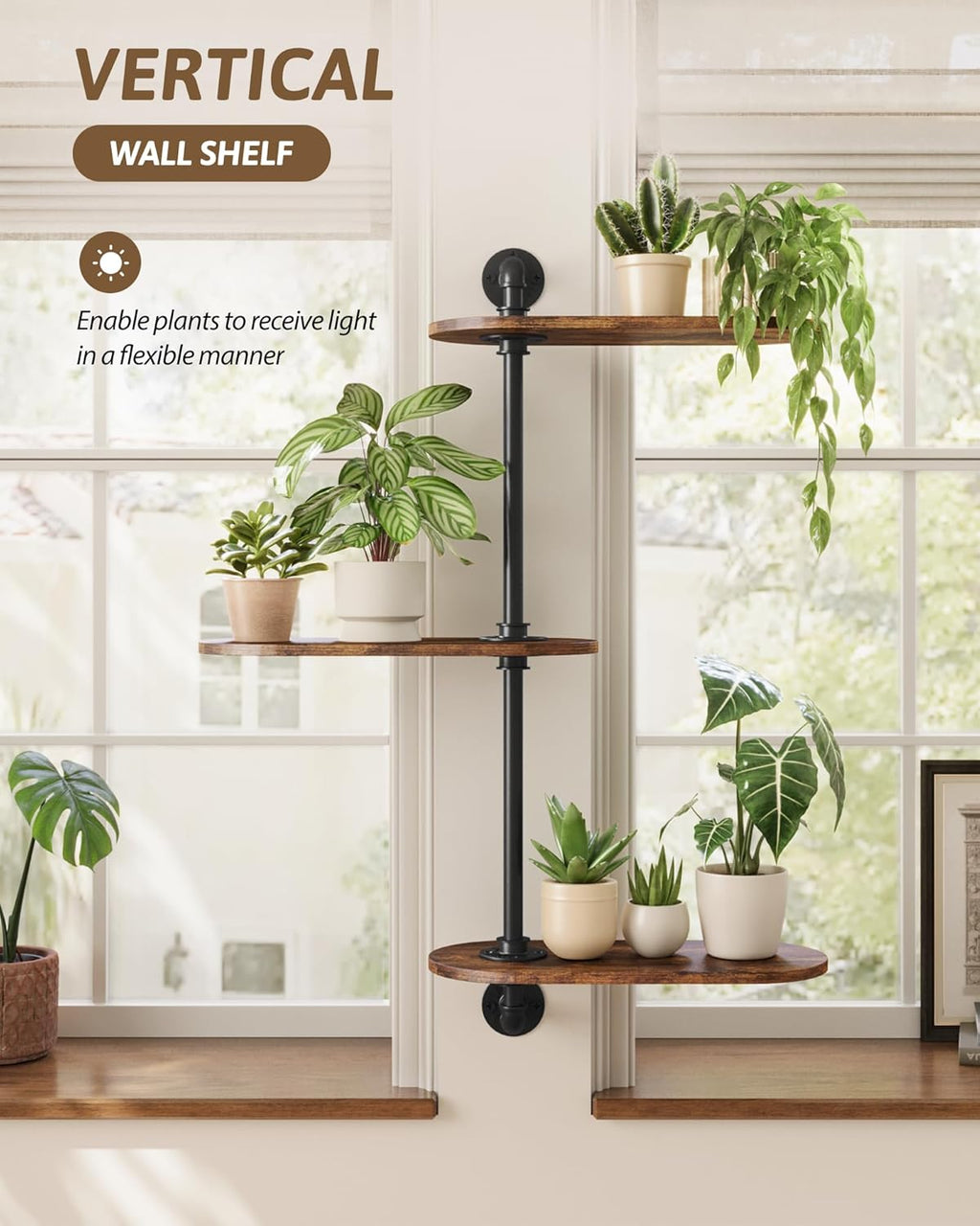 Gentingbro Window Plant Shelves 3-Tier Rotating Plant Stand Industrial Rustic Window Plant Shelf Wood Wall Mount Decorative Hanging Plant Stand Enhanced Indoor Plants Light Exposure Gift Idea for