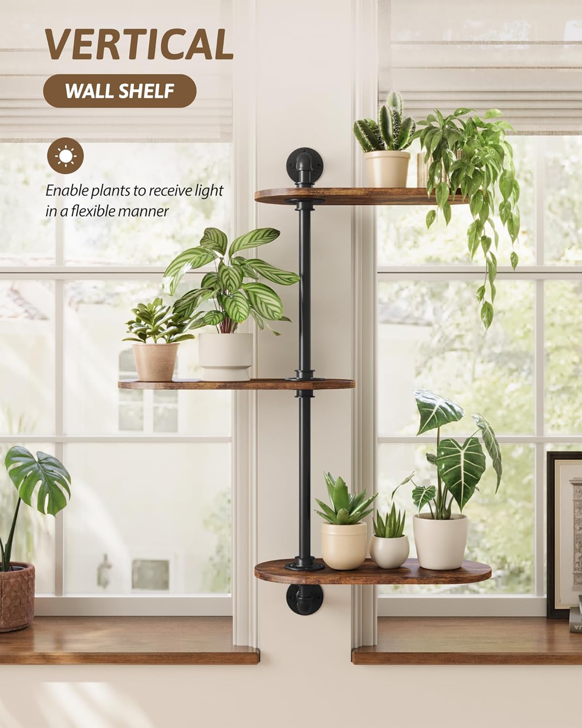 Gentingbro Window Plant Shelves 3-Tier Rotating Plant Stand Industrial Rustic Window Plant Shelf Wood Wall Mount Decorative Hanging Plant Stand Enhanced Indoor Plants Light Exposure Gift Idea for
