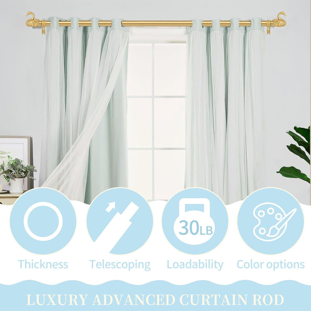 TANGWIN 2 Pack Gold Curtain Rods 48 to 84 Inch,1 Inch Heavy Duty Curtain Rods with Brackets,Adjustable Curtain Rod Set,Decorative Swan Finials Drapery Pole,Single Rod for Bedroom 36-88",Brass Gold