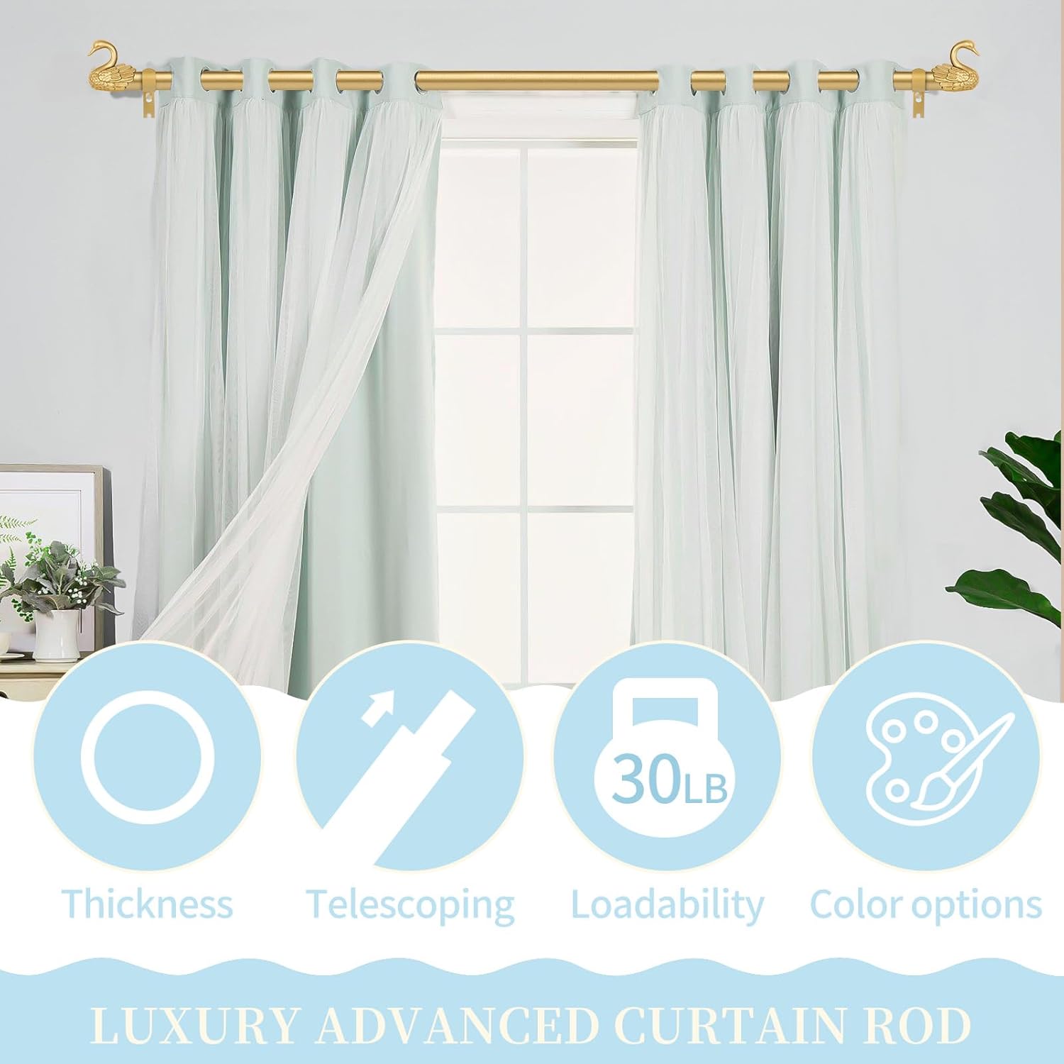 TANGWIN 2 Pack Gold Curtain Rods 48 to 84 Inch,1 Inch Heavy Duty Curtain Rods with Brackets,Adjustable Curtain Rod Set,Decorative Swan Finials Drapery Pole,Single Rod for Bedroom 36-88",Brass Gold