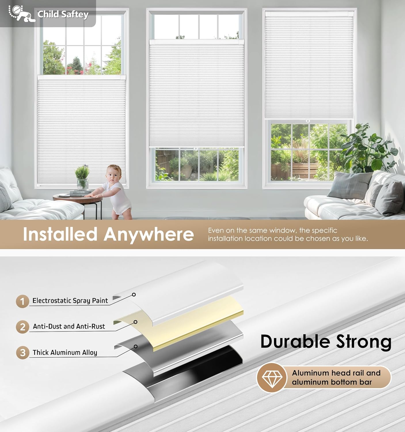 LazBlinds No Tools No Drill Cordless Cellular Shades, Light Filtering Honeycomb Shades for Home, Thermal Insulation Blinds for Windows, 38" W x 72" H, White