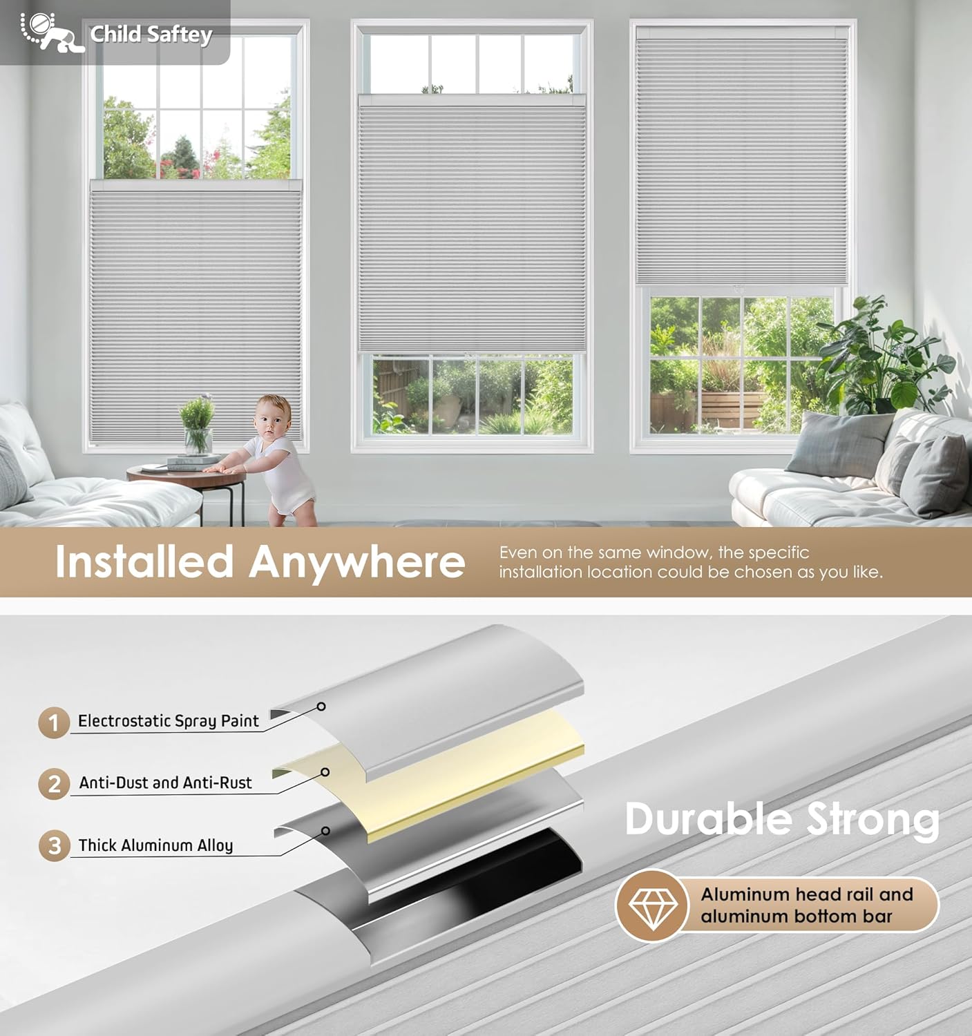 LazBlinds No Tools No Drill Cordless Cellular Shades, Light Filtering Honeycomb Shades for Home, Thermal Insulation Blinds for Windows, 29" W x 48" H, Grey
