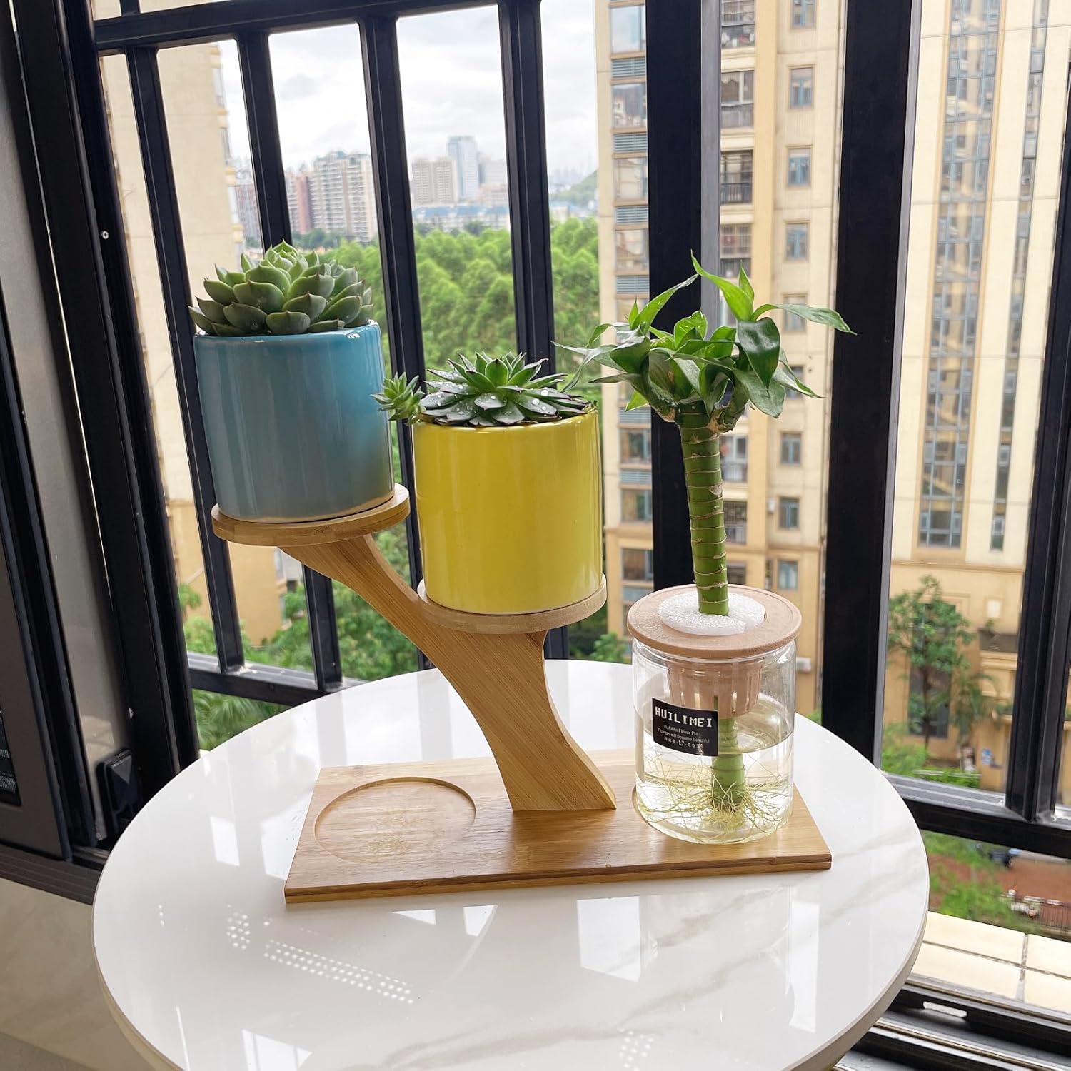 Window Sill Plant Shelf，Desk Desktop Bamboo Plant Stand， Table Succulent Plant Stand for Home, Office, Living Room, Bedroom Decoration