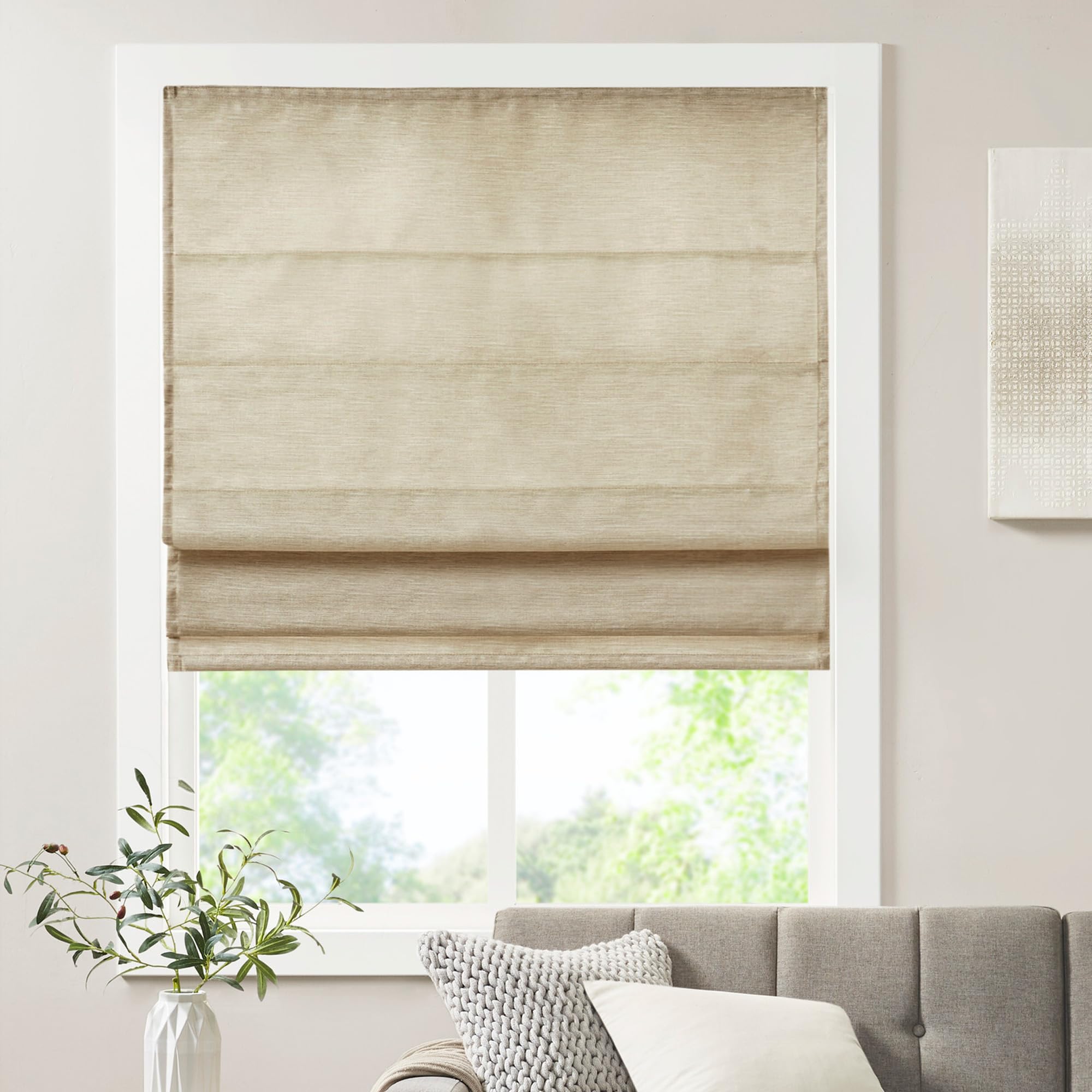 Madison Park Galen Cordless Roman Shades - Fabric Privacy Single Panel Darkening, Energy Efficient, Thermal Insulated Window Blind Treatment, for Bedroom, Living Room Decor, 35" x 64", Ivory