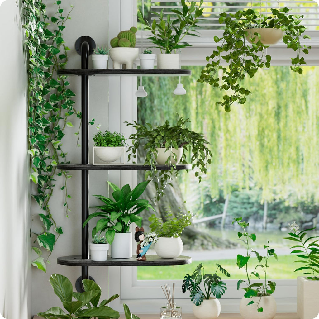 Rotating Window Plant Shelves 3-Tier Pipe Shelves, Wooden Indoor Window Sill Plant Shelf, Window Plant Shelf for Small Spaces, Flower Pots, Organizer, Storage Wall Decor, Window Plant Holder