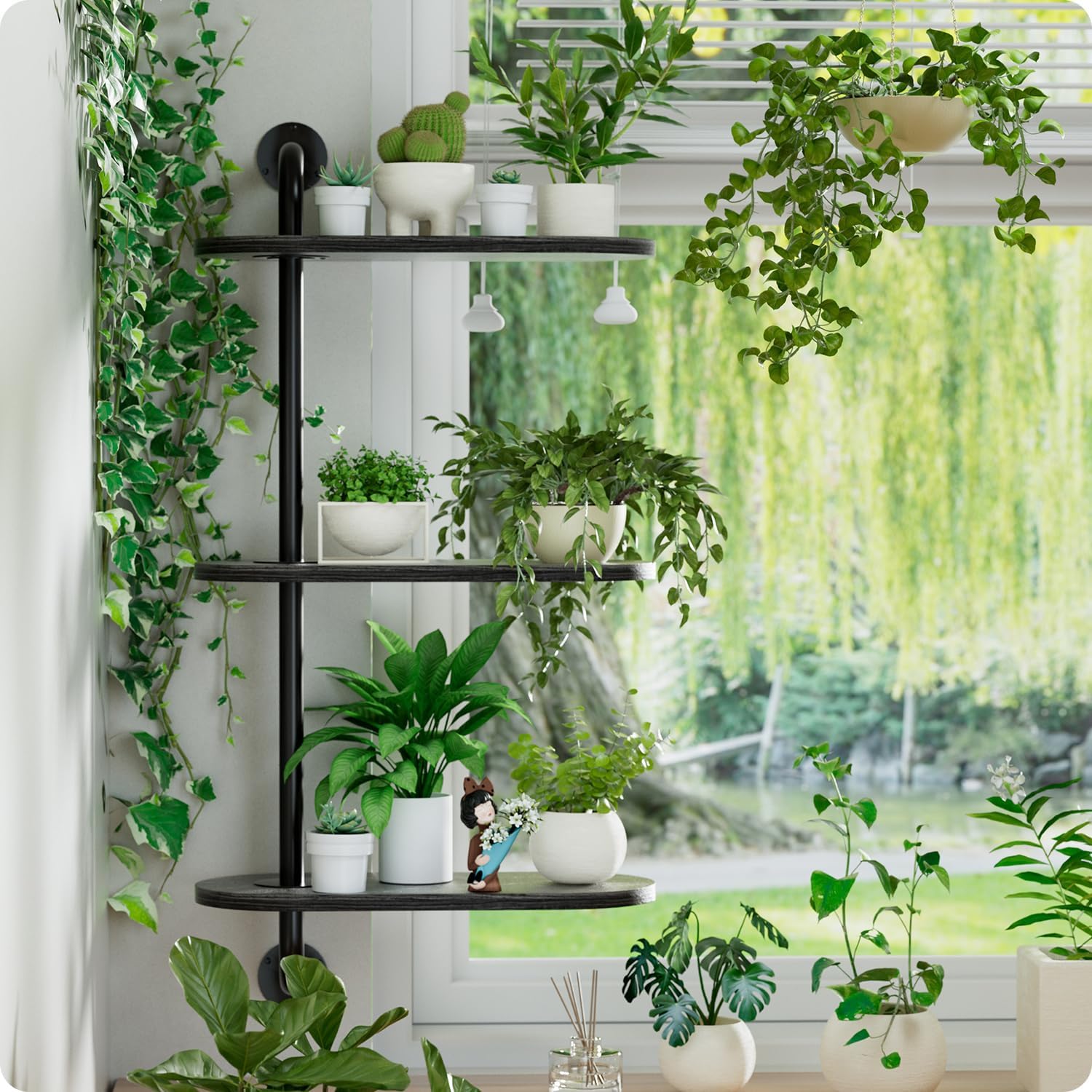 Rotating Window Plant Shelves 3-Tier Pipe Shelves, Wooden Indoor Window Sill Plant Shelf, Window Plant Shelf for Small Spaces, Flower Pots, Organizer, Storage Wall Decor, Window Plant Holder