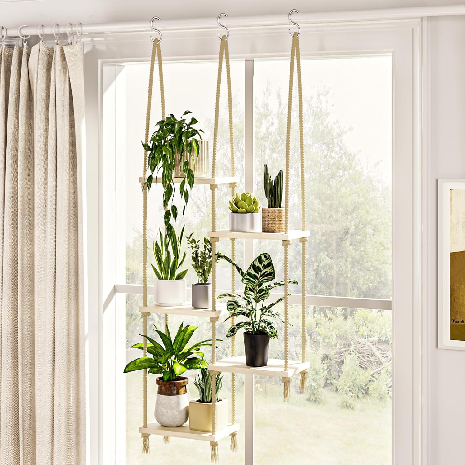 Bamworld Hanging Shelves Plant Hanger Indoor Window Plant Shelves Wood Plant Wall Shelf Window Sill Plant Shelf Indoor Hanging Plant Stand Living Room Decor Garden Boho Decor
