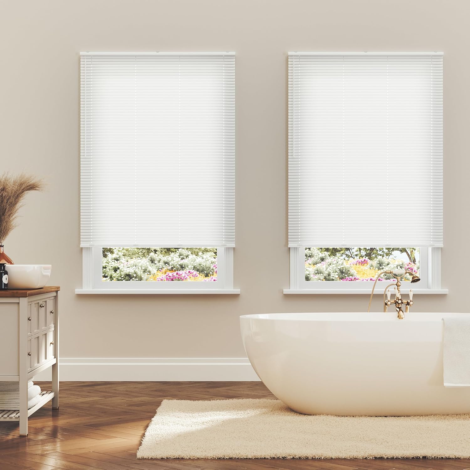 Vinyl Mini Blinds 1-Inch Cordless Light Filtering Blind for Windows - Starting at $15.99 - (Over 400 Custom Sizes) Vinyl Blinds, Mini Blinds, Window Blinds Cordless, White - 24" W x 64" H