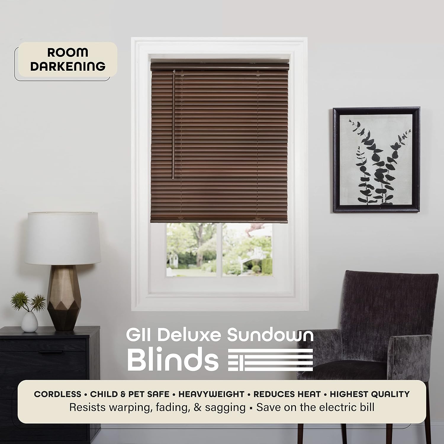 Cordless Room Darkening Mini Blind - 27 Inch Width, 64 Inch Length, 1" Slat Size - Mahogany - Cordless GII Deluxe Sundown Horizontal Windows Blinds for Interior by Achim Home Decor
