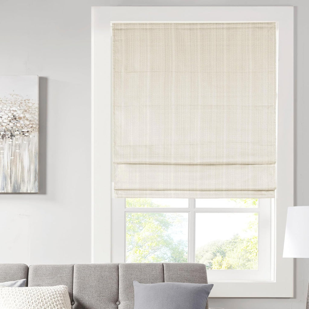 Madison Park Galen Cordless Roman Shades - Fabric Privacy Single Panel Darkening, Energy Efficient, Thermal Insulated Window Blind Treatment, for Bedroom, Living Room Decor, 35" x 64", Ivory