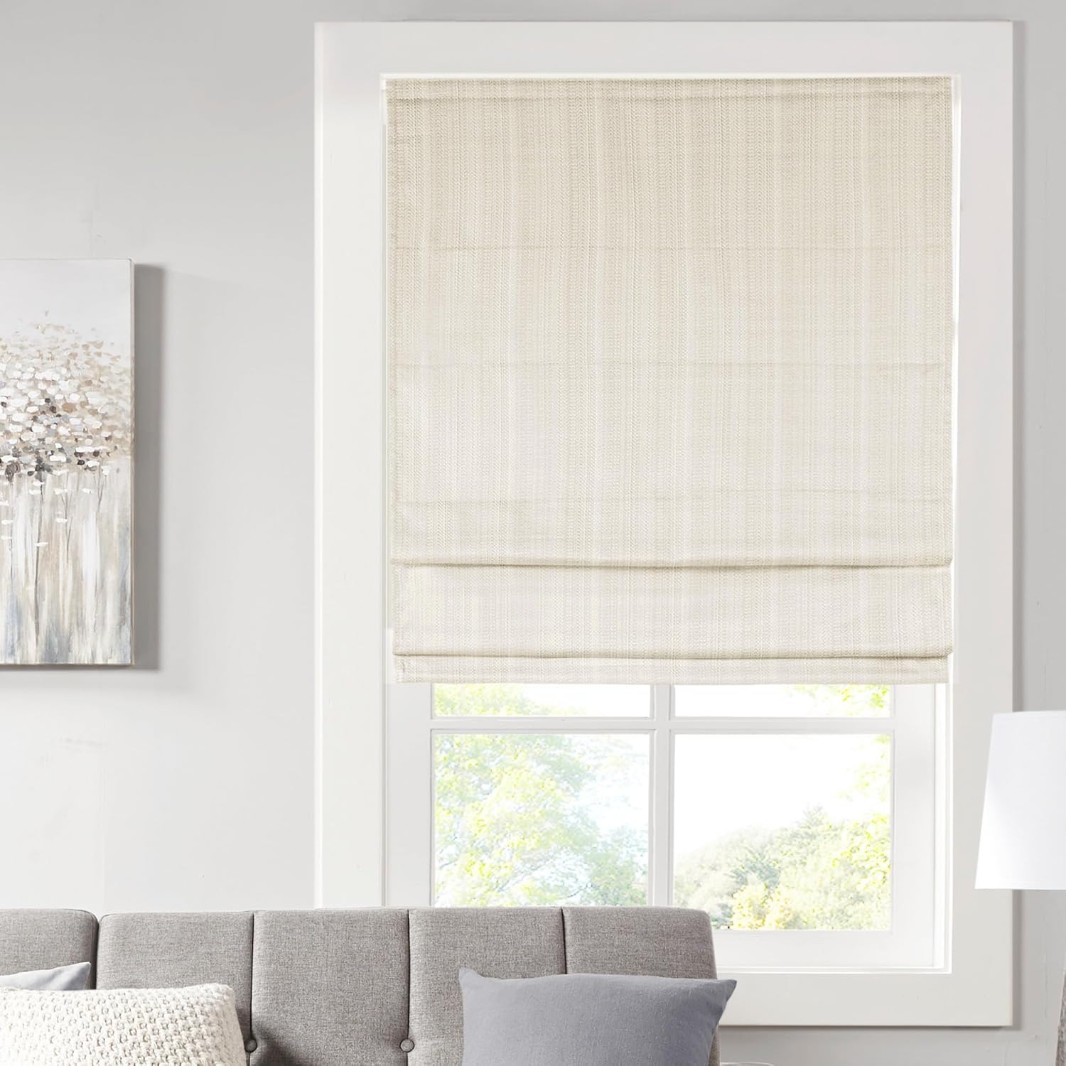Madison Park Galen Cordless Roman Shades - Fabric Privacy Single Panel Darkening, Energy Efficient, Thermal Insulated Window Blind Treatment, for Bedroom, Living Room Decor, 35" x 64", Ivory