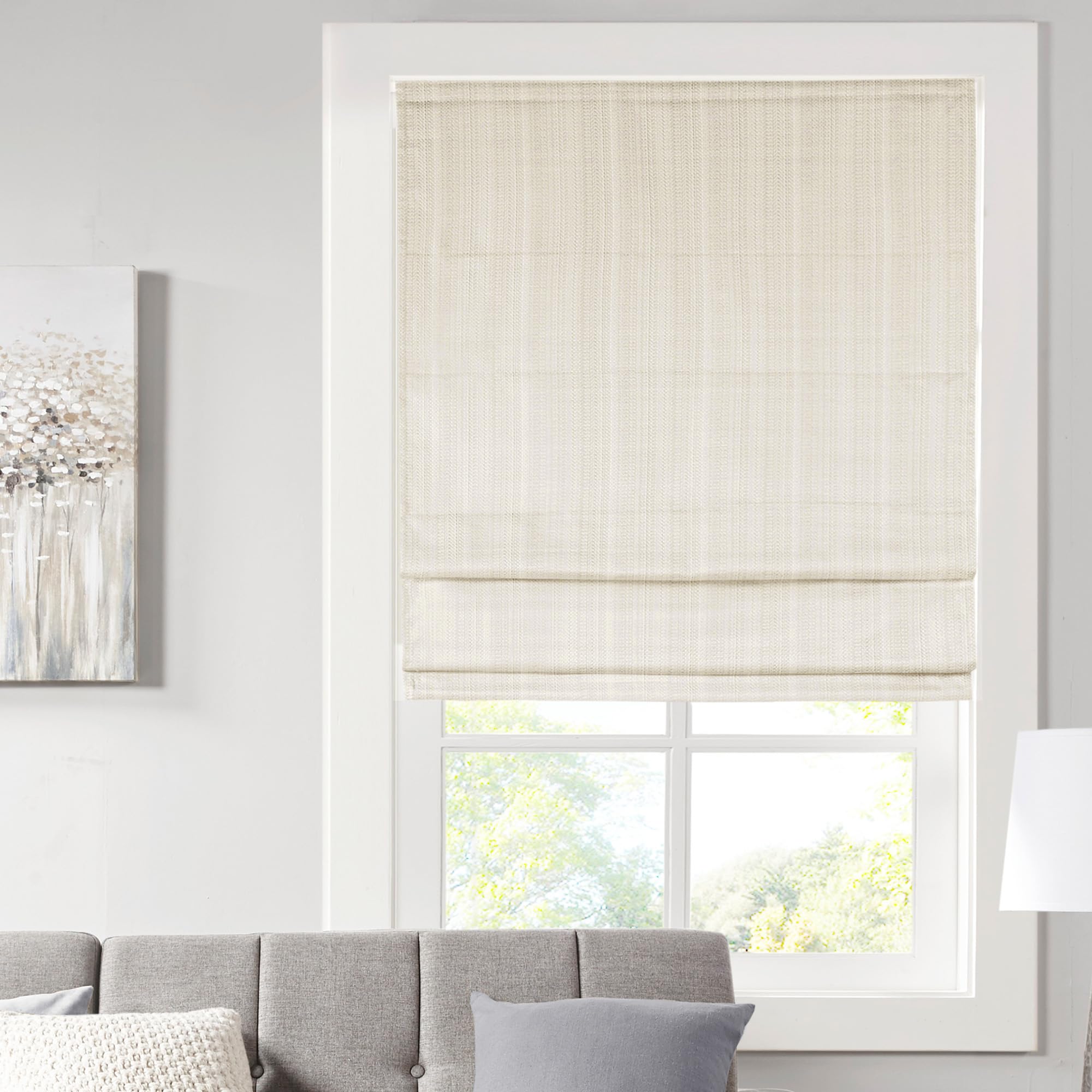 Madison Park Galen Cordless Roman Shades - Fabric Privacy Single Panel Darkening, Energy Efficient, Thermal Insulated Window Blind Treatment, for Bedroom, Living Room Decor, 35" x 64", Ivory