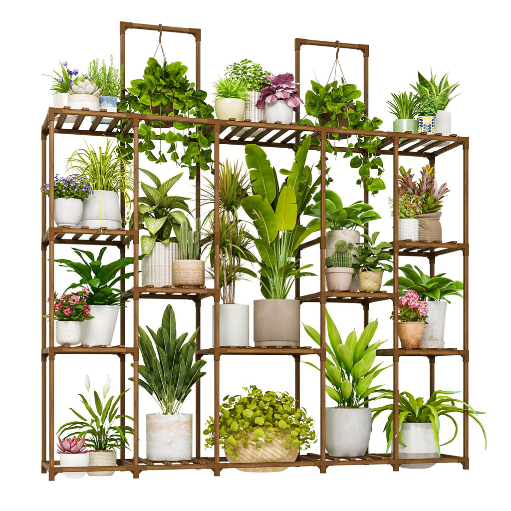Bamworld Plant Shelf Indoor Outdoor Large Plant Shelf Tall Hanging Plant Holder Wood Flower Stand for Window Living Room Garden Balcony Home Decor Flower Patio 3 Tiers
