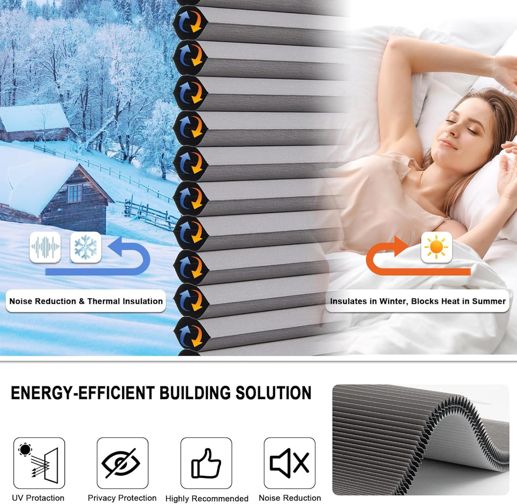 Tonature No Drill Cellular Shades for Indoor Windows, Thermal Insulating & Noise Reducing Honeycomb Blinds, Free Stop Cordless Blackout Shades, Grey, 22" W x 64" H