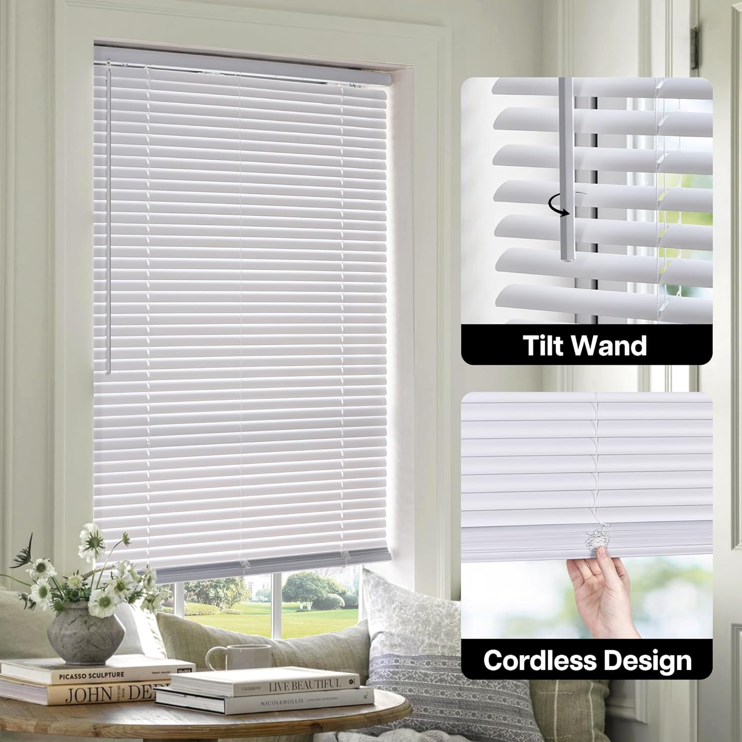 LazBlinds Cordless White 1” Light Filtering Vinyl Mini Blinds, 20" W X 36" H Horizontal Window Blinds for Home, Cordless Shades for Indoor Windows