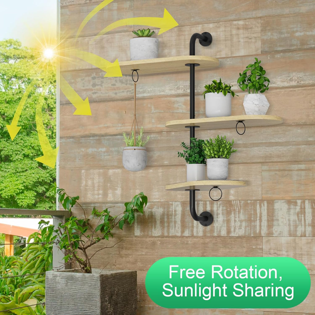 Rotating Window Plant Shelves with 3 Anti-slip Mats, 3 Tier Plant Stand Indoor Outdoor, Wooden Window Plant Shelf with 3 Circle Hook, Hanging Plant Holder for Window, Potted Plants, Flowerpots (Oak
