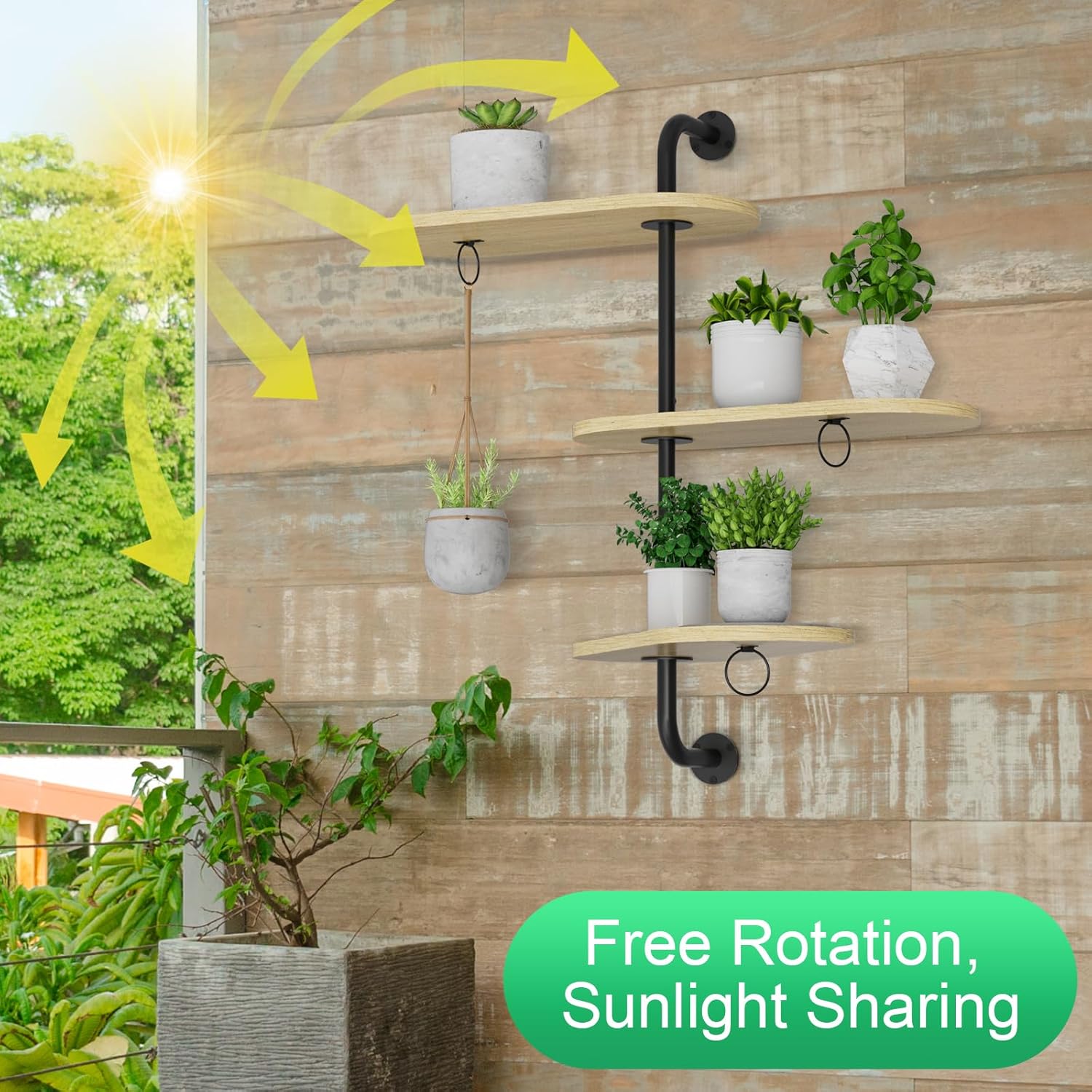 Rotating Window Plant Shelves with 3 Anti-slip Mats, 3 Tier Plant Stand Indoor Outdoor, Wooden Window Plant Shelf with 3 Circle Hook, Hanging Plant Holder for Window, Potted Plants, Flowerpots (Oak
