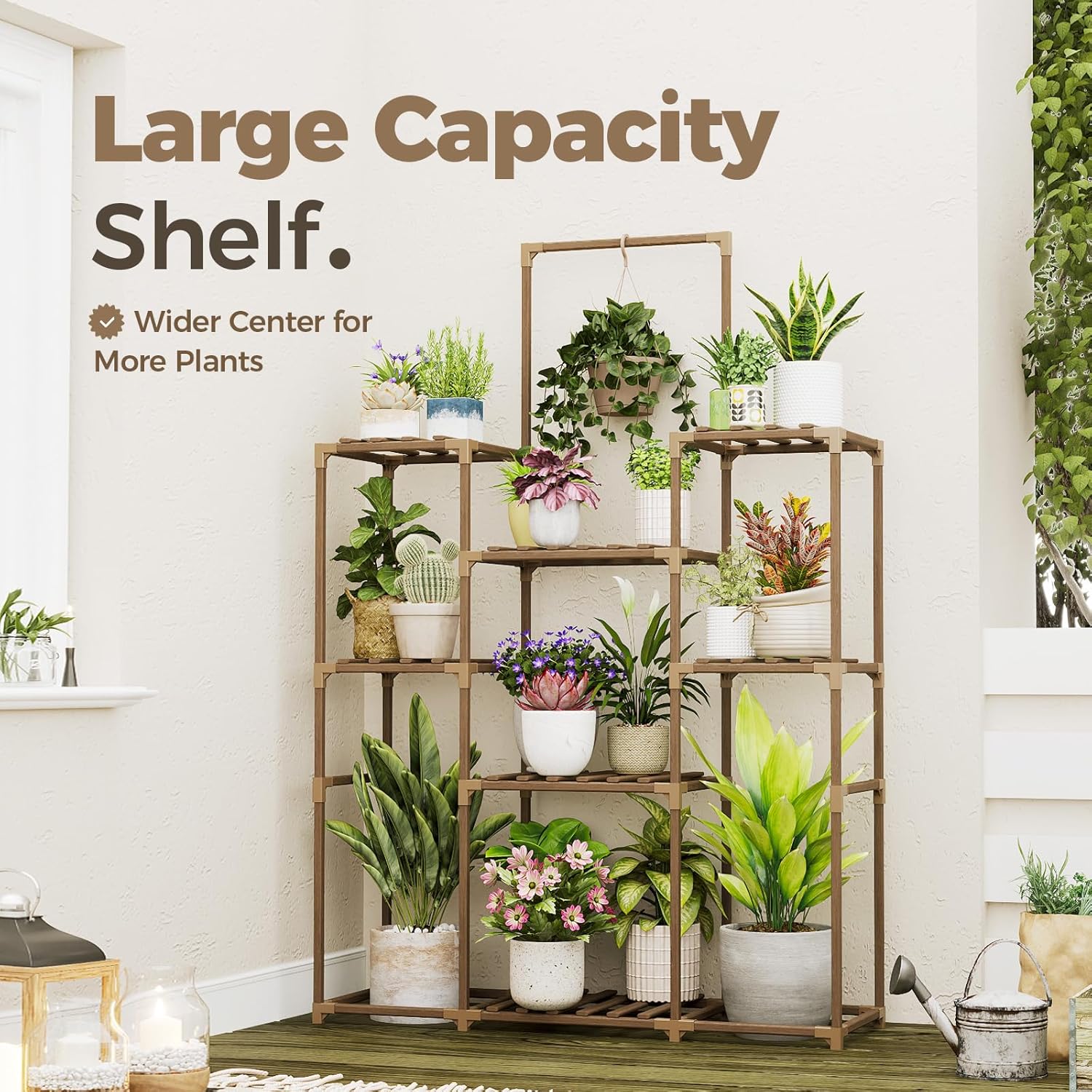 Bamworld Plant Shelf Indoor Outdoor Large Plant Shelf Tall Hanging Plant Holder Wood Flower Stand for Window Living Room Garden Balcony Home Decor Flower Patio 3 Tiers