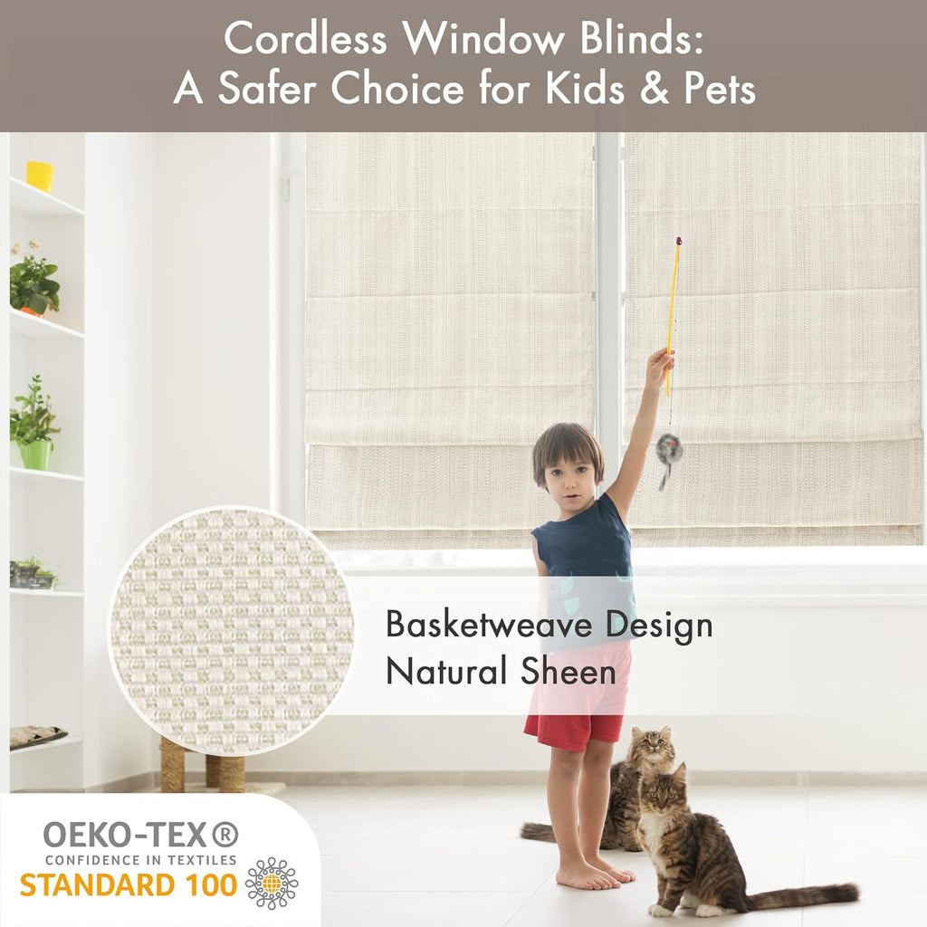 Madison Park Galen Cordless Roman Shades - Fabric Privacy Single Panel Darkening, Energy Efficient, Thermal Insulated Window Blind Treatment, for Bedroom, Living Room Decor, 35" x 64", Ivory