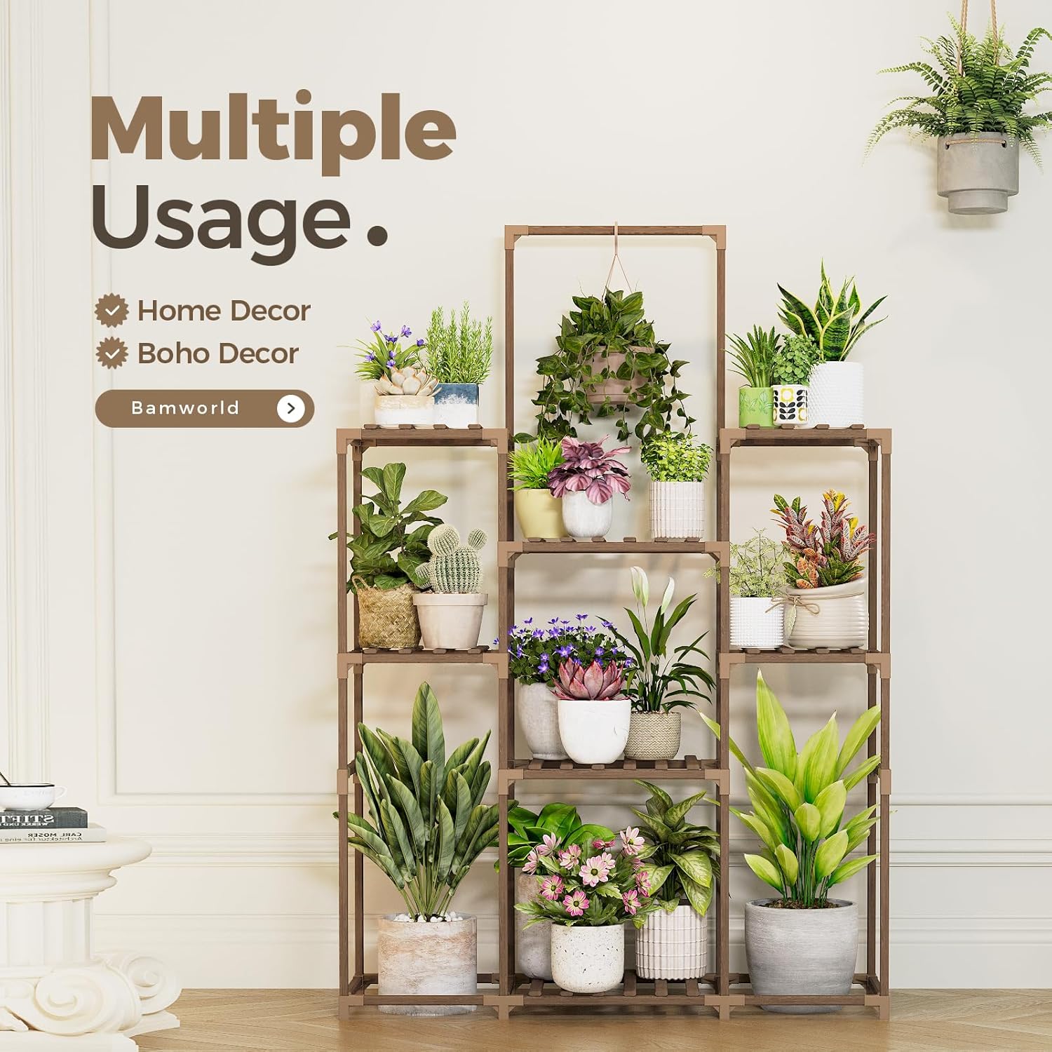 Bamworld Plant Shelf Indoor Outdoor Large Plant Shelf Tall Hanging Plant Holder Wood Flower Stand for Window Living Room Garden Balcony Home Decor Flower Patio 3 Tiers