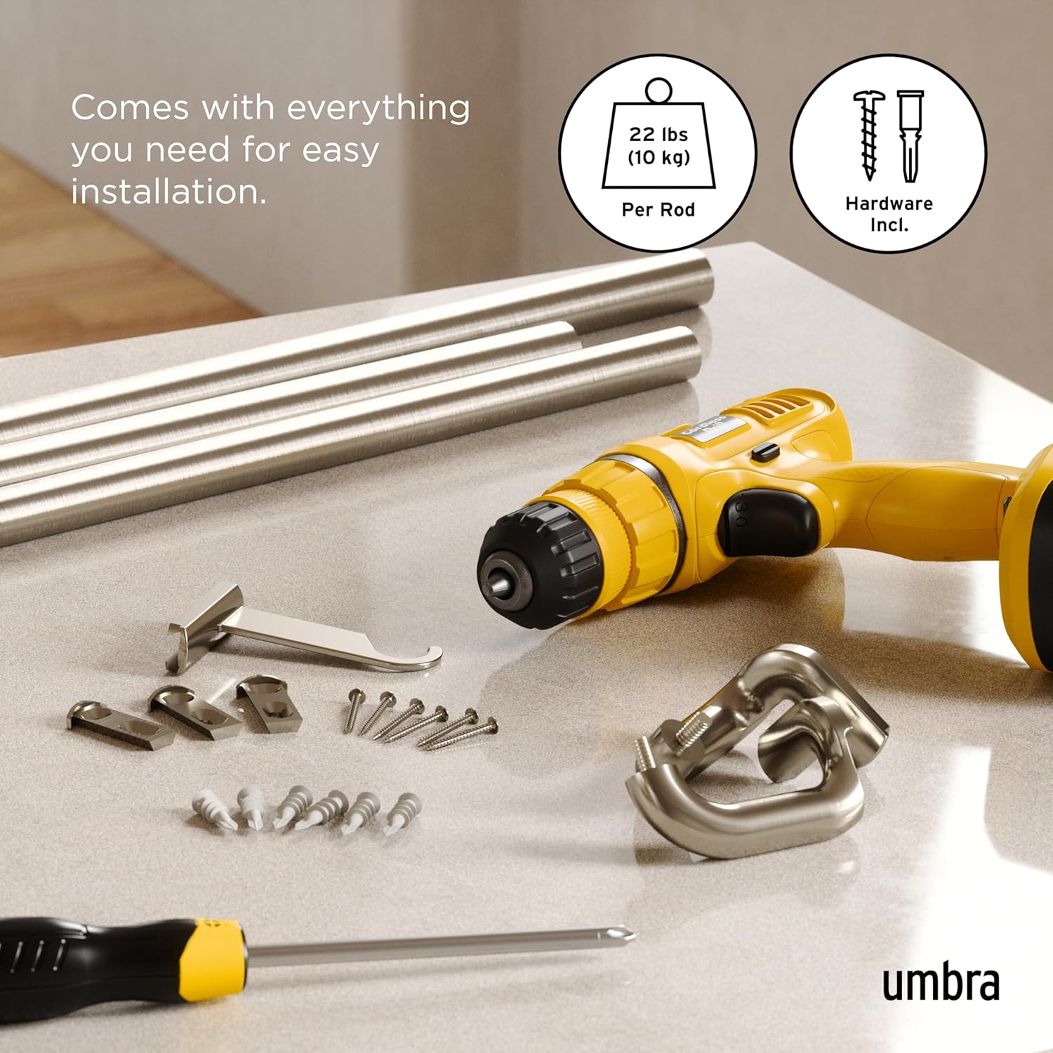 Umbra Twilight Curtain Rod Set – Wrap Around Design Ideal for Blackout or Room Darkening Panels, 28 to 48 Inches, Nickel
