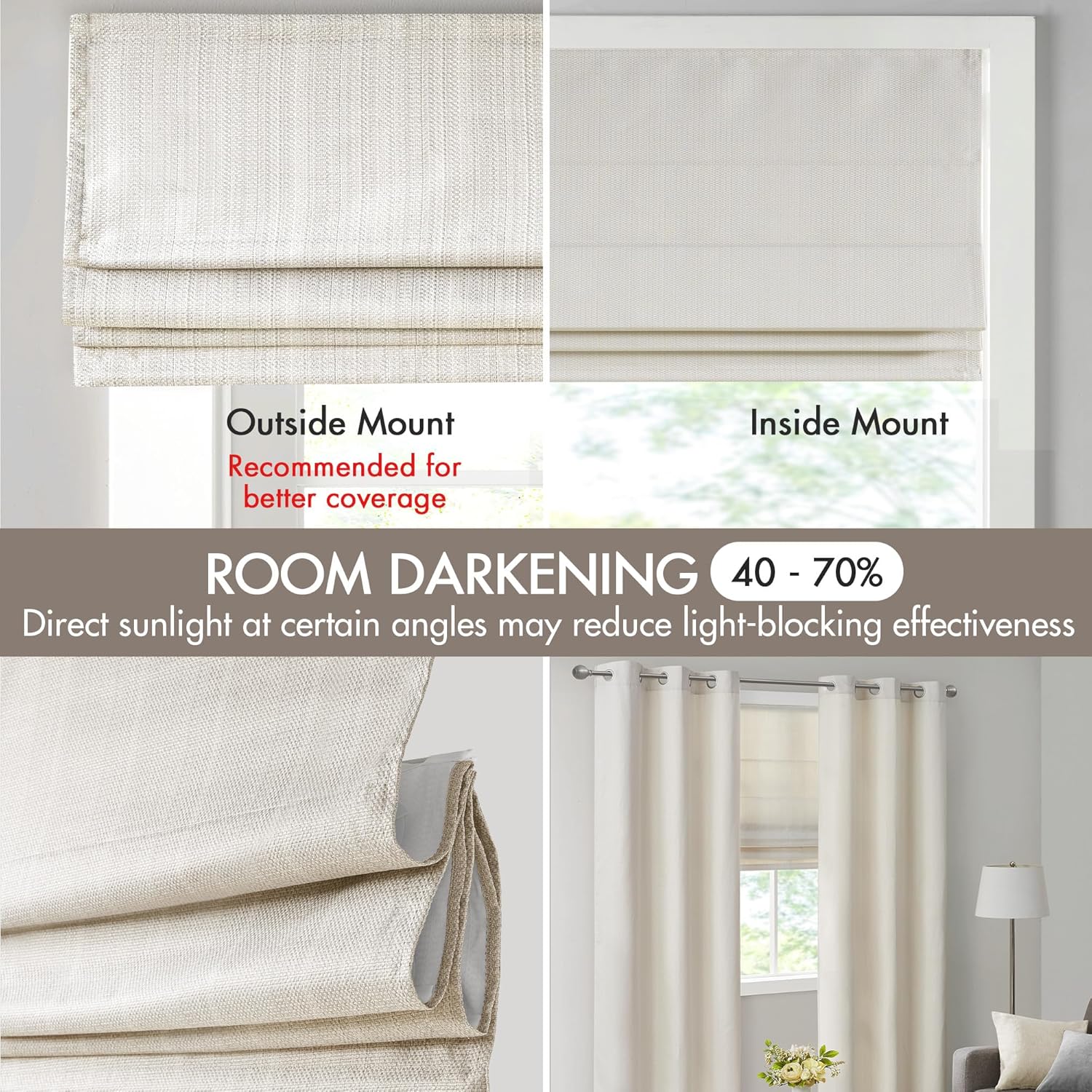 Madison Park Galen Cordless Roman Shades - Fabric Privacy Single Panel Darkening, Energy Efficient, Thermal Insulated Window Blind Treatment, for Bedroom, Living Room Decor, 35" x 64", Ivory